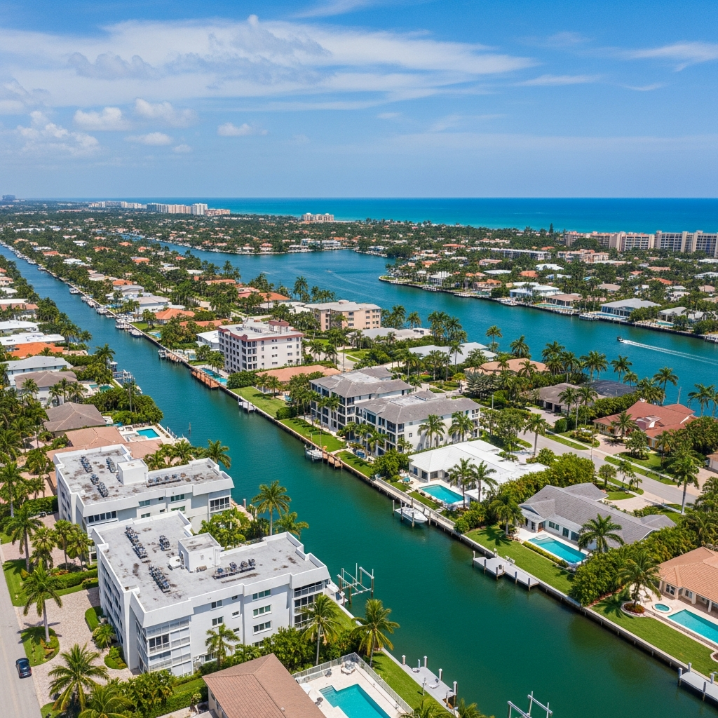 Aerial view of a South Florida neighborhood with palm-lined streets, waterfront properties, and a mix of condos and single-family homes under blue skies
