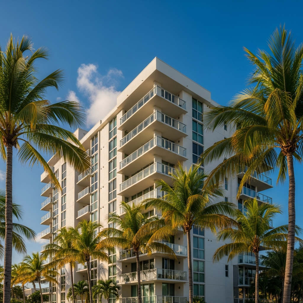 Luxury South Florida rental apartment building with palm trees, blue sky, and modern architecture in warm afternoon light
