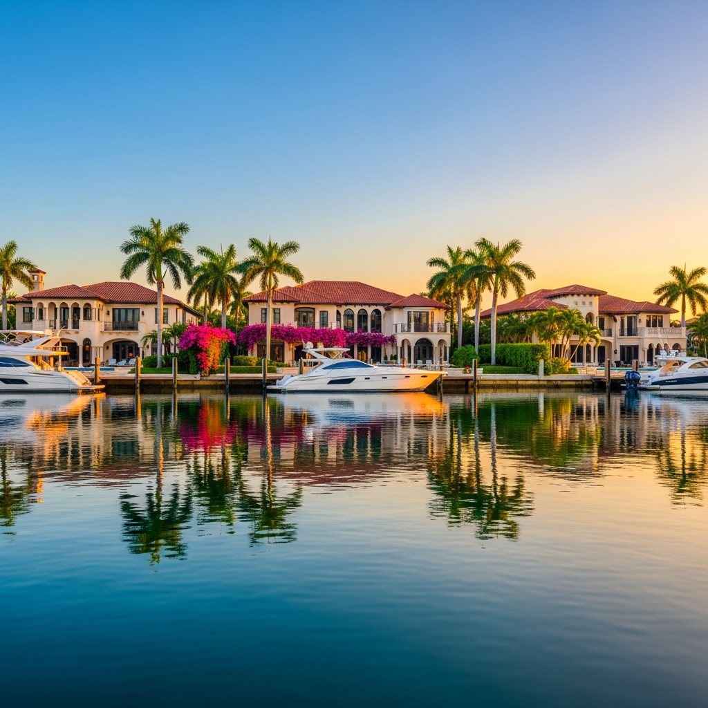 Stunning South Florida waterfront luxury homes with blue skies, palm trees, and pristine water reflections, warm golden hour light, upscale neighborhood